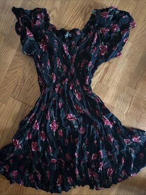 Angie Black Mini Dress with Pink Rose Print